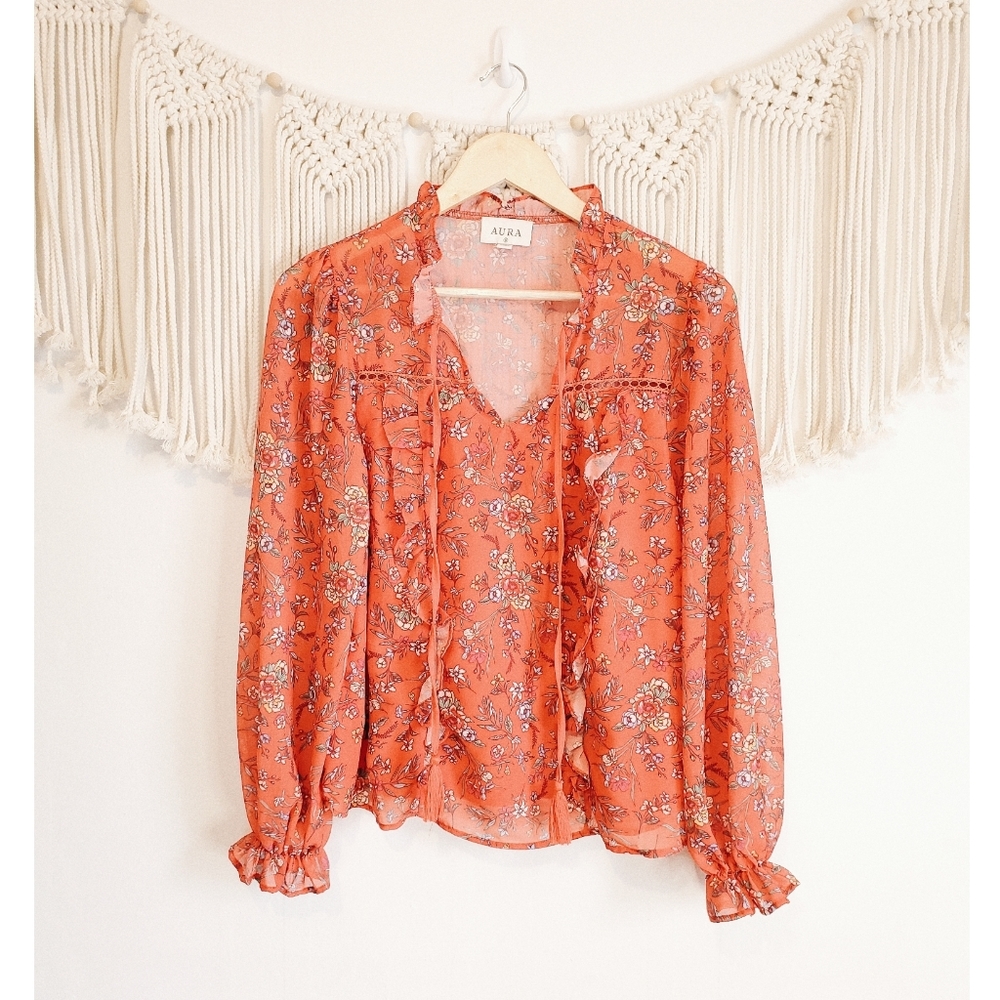 NEW AURA Red Floral Peasant Ruffle Blouse sz S